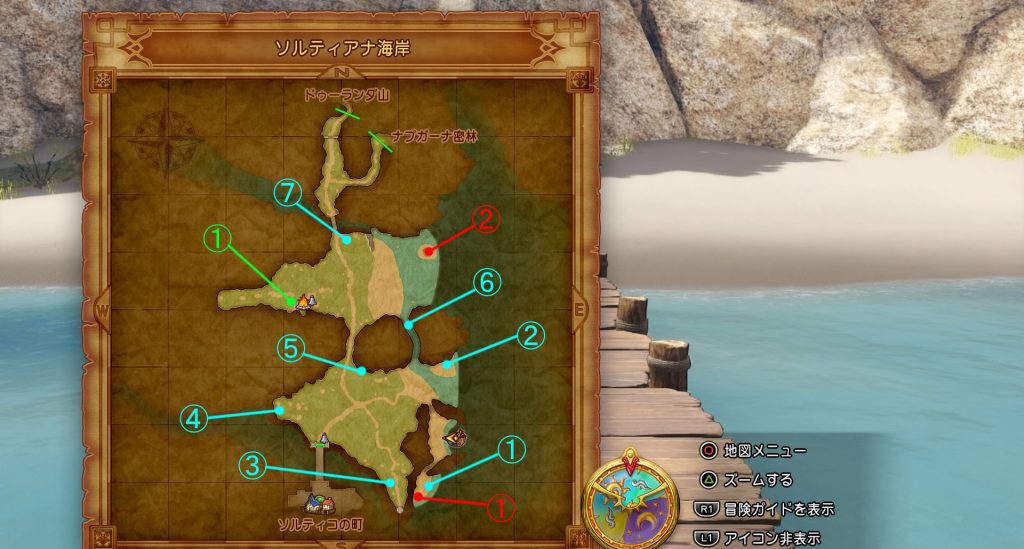 ドラゴンクエスト11の『ソルティアナ海岸』のフィールドマップです。