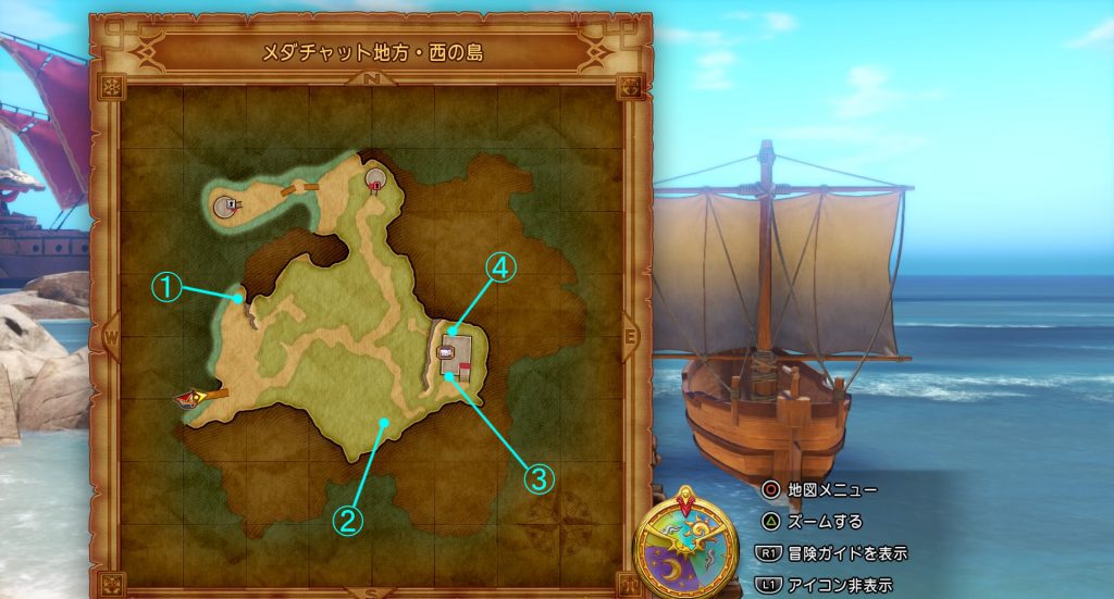 ドラゴンクエスト11の『メダチャット地方・西の島』のフィールドマップです。