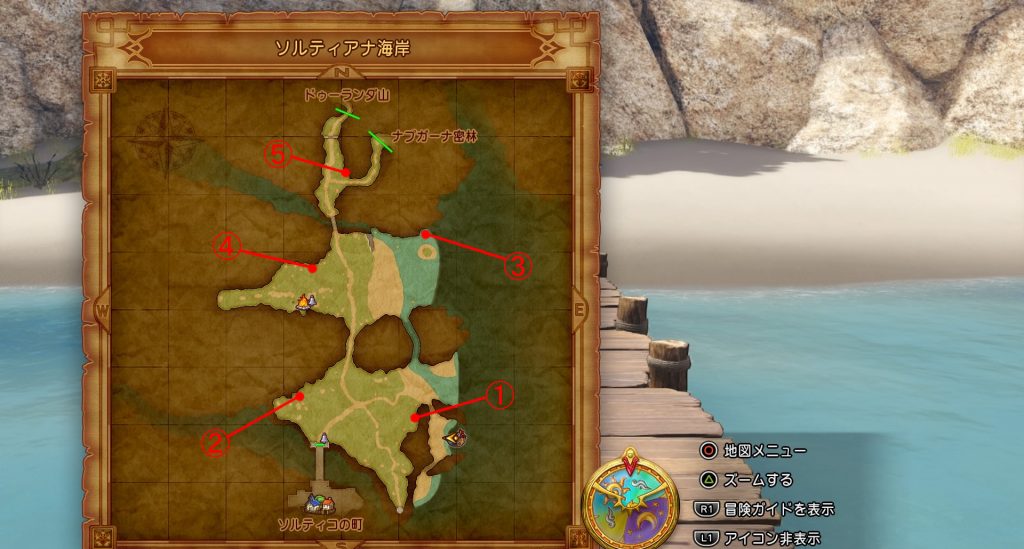 ドラゴンクエスト11のミニゲーム『ボウガンアドベンチャー』の『ソルティアナ海岸』の全体マップです。