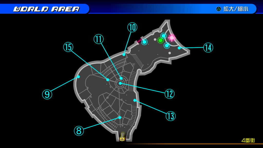 キングダムハーツ3D(HD)のワールド『トラヴァースタウン(4番街)』で開けられるリク編の宝箱マップです。