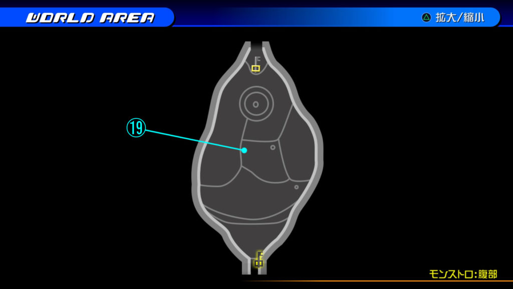 キングダムハーツ3D(HD)のワールド『プランクスターズ・パラダイス(モンストロ:腹部・反転後)』で開けられるリク編の宝箱マップです。