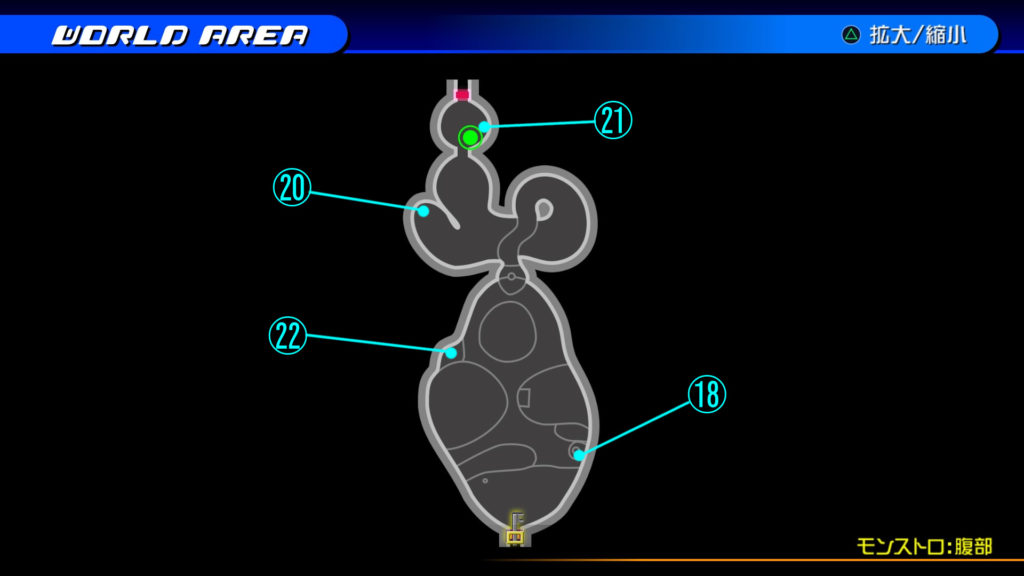 キングダムハーツ3D(HD)のワールド『プランクスターズ・パラダイス(モンストロ:腹部)』で開けられるリク編の宝箱マップです。